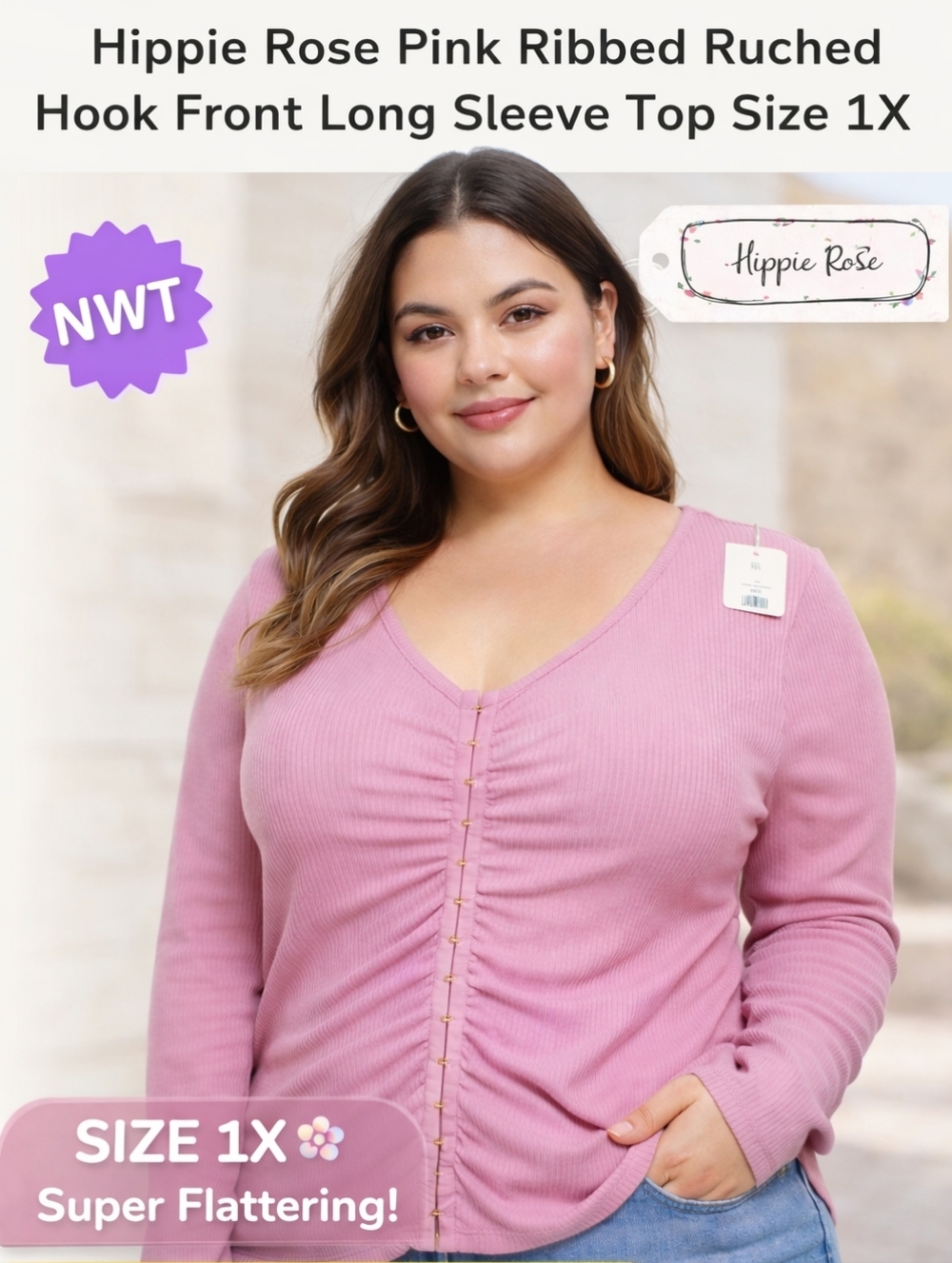 #1084 Hippie Rose Dusty Pink Ribbed Ruched Hook-Front Long Sleeve Top